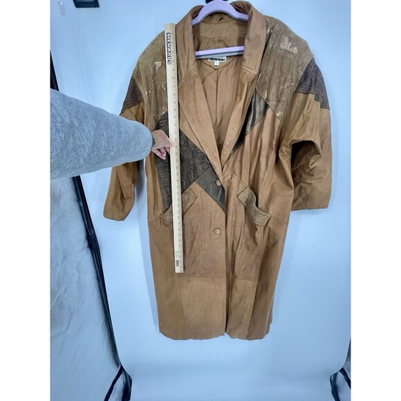 Vintage Diana Marco Leather Patchwork Brown Long Trench Boho Statement Jacket 22 - Picture 12 of 16
